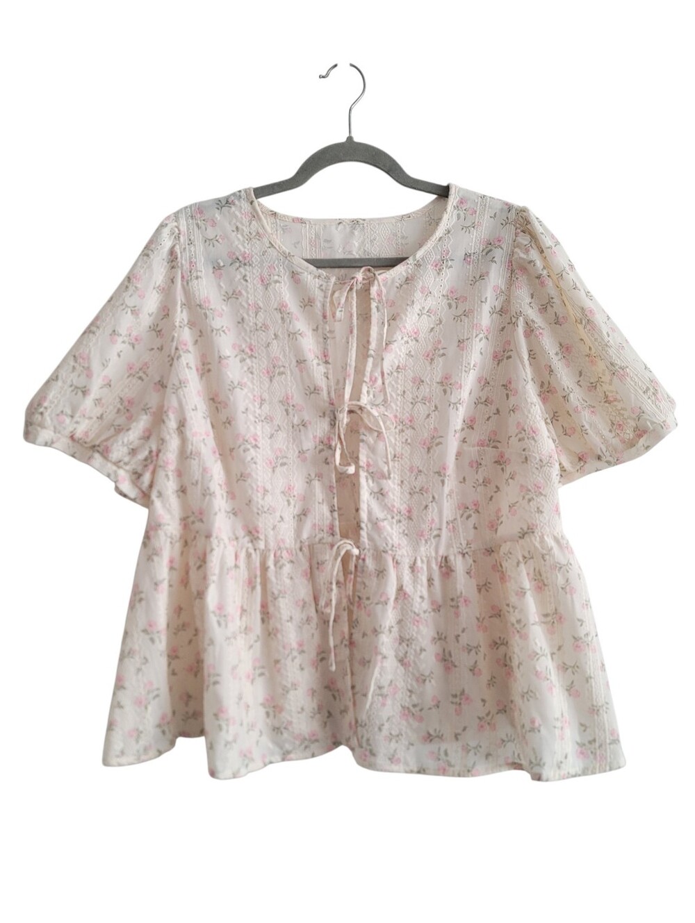 Cream Pink Floral Tie-Front Peplum Blouse Coquette Jacket 2XL Dainty Cottagecore